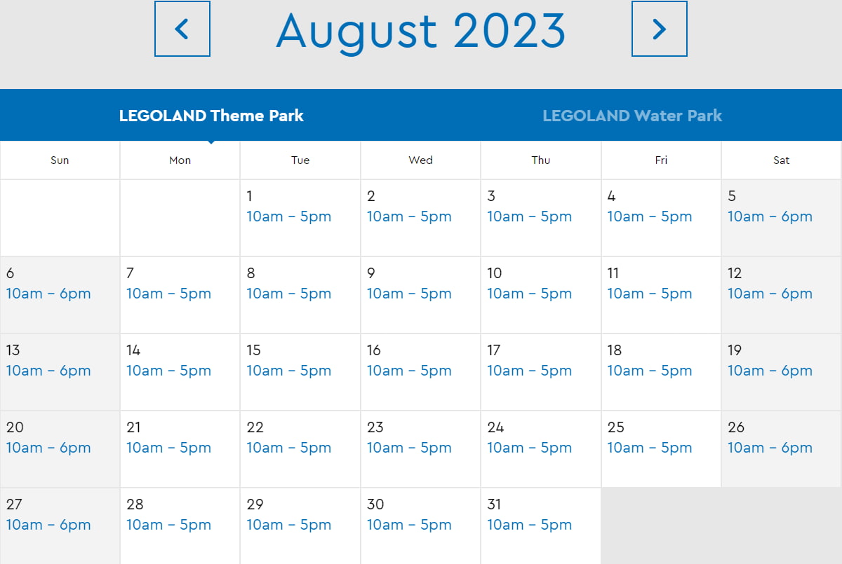 LEGOLAND Florida Resort August 2023 Park Hours