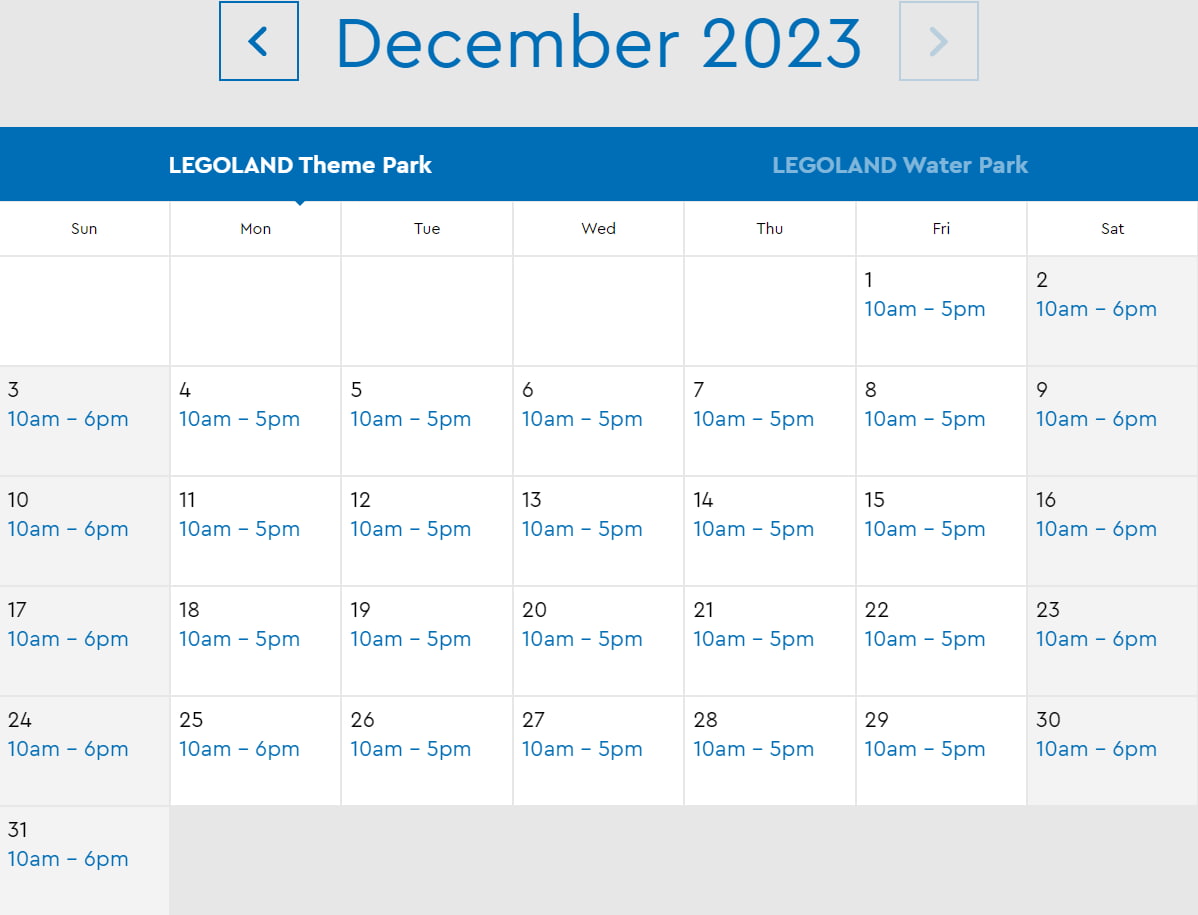 LEGOLAND Florida Resort December 2023 Park Hours