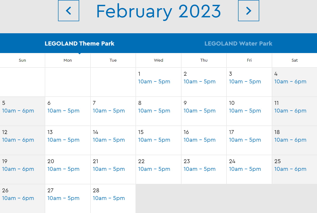 LEGOLAND Florida Resort February 2023 Park Hours