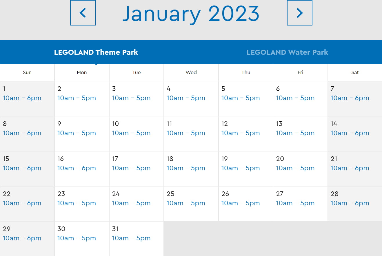 LEGOLAND Florida Resort January 2023 Park Hours