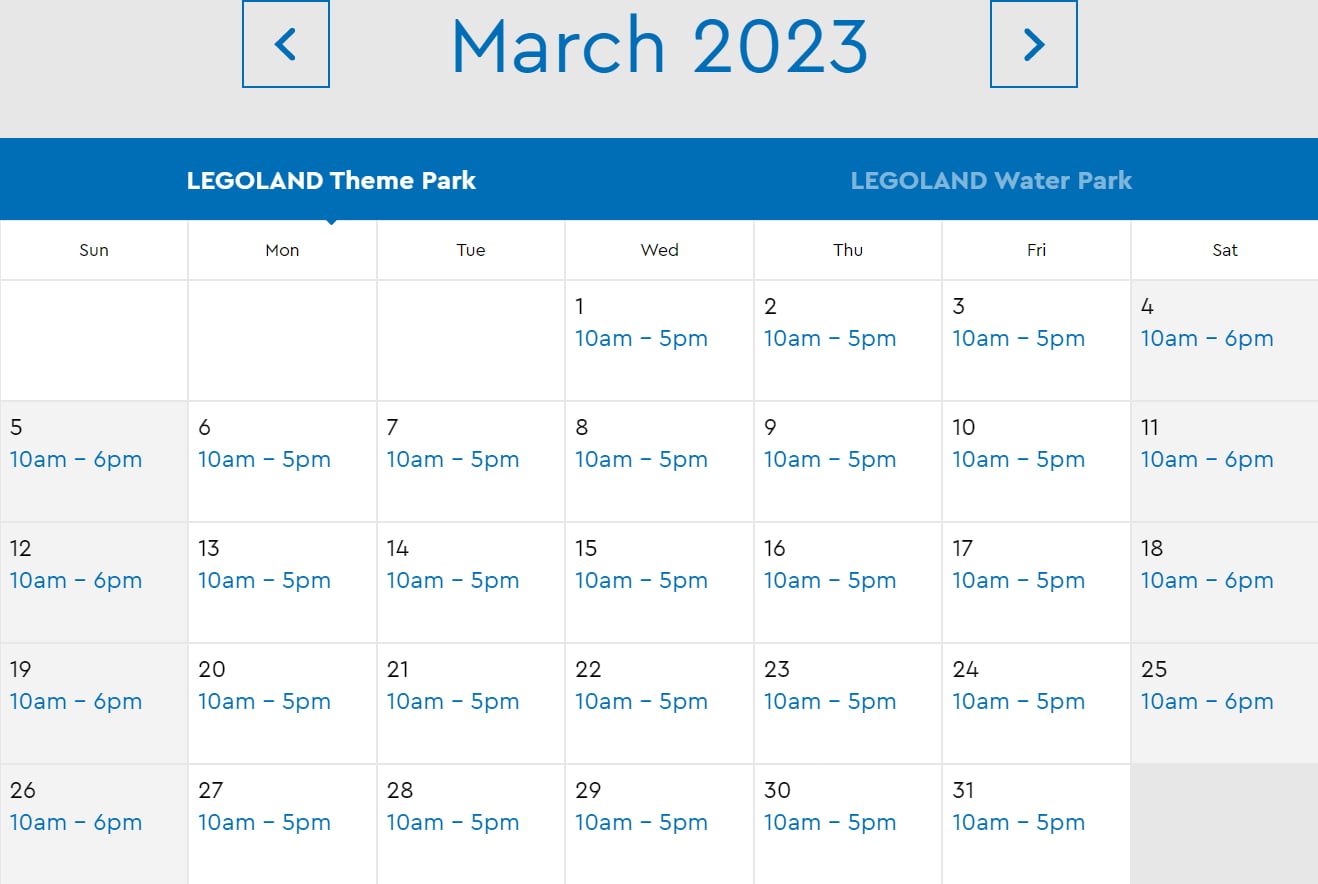 LEGOLAND Florida Resort March 2023 Park Hours