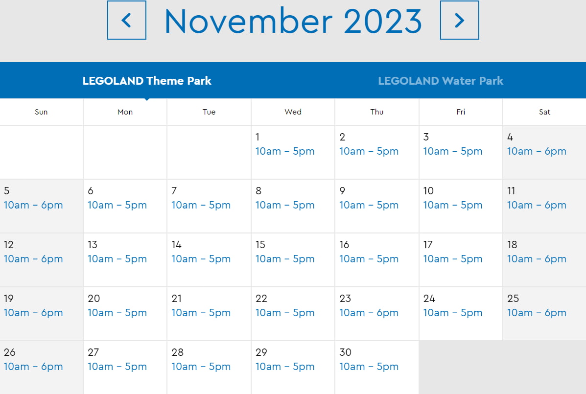 LEGOLAND Florida Resort November 2023 Park Hours