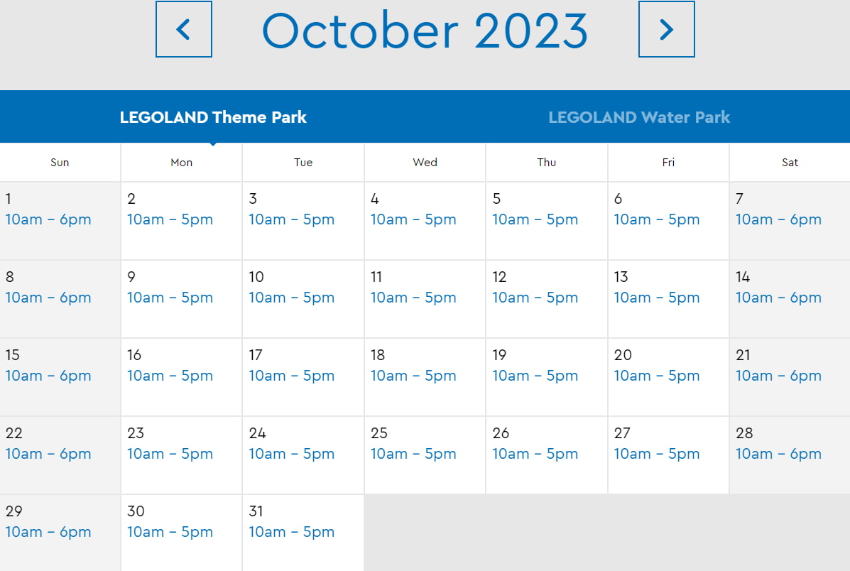 LEGOLAND Florida Resort October 2023 Park Hours
