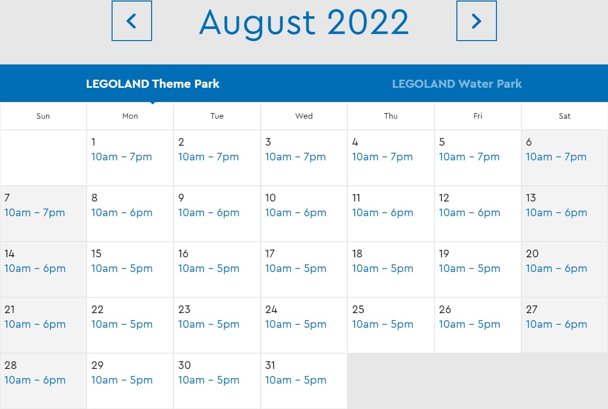 LEGOLAND Florida Theme Park August 2022 Hours