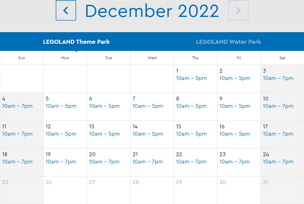 LEGOLAND Florida Theme Park December 2022 Hours