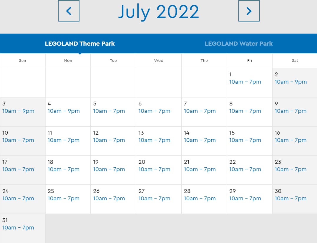 LEGOLAND Florida Theme Park July 2022 Hours