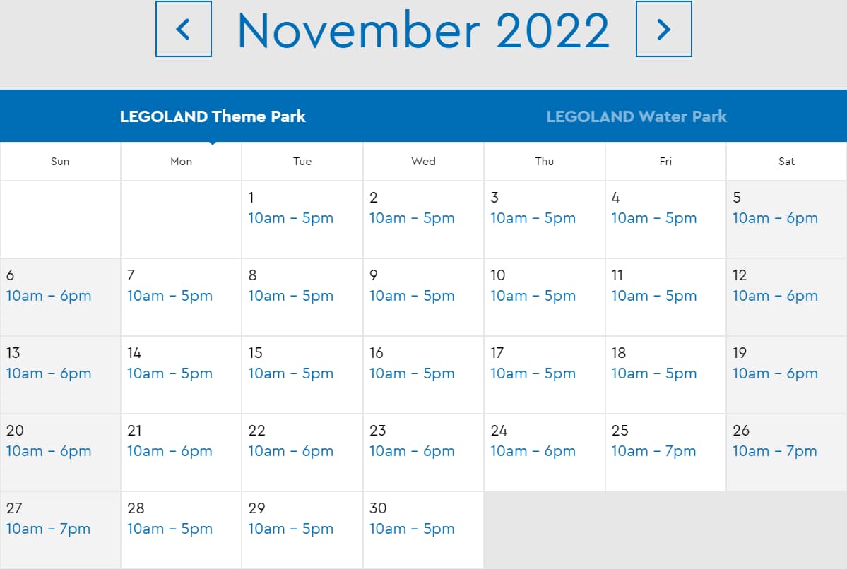 LEGOLAND Florida Theme Park November 2022 Hours