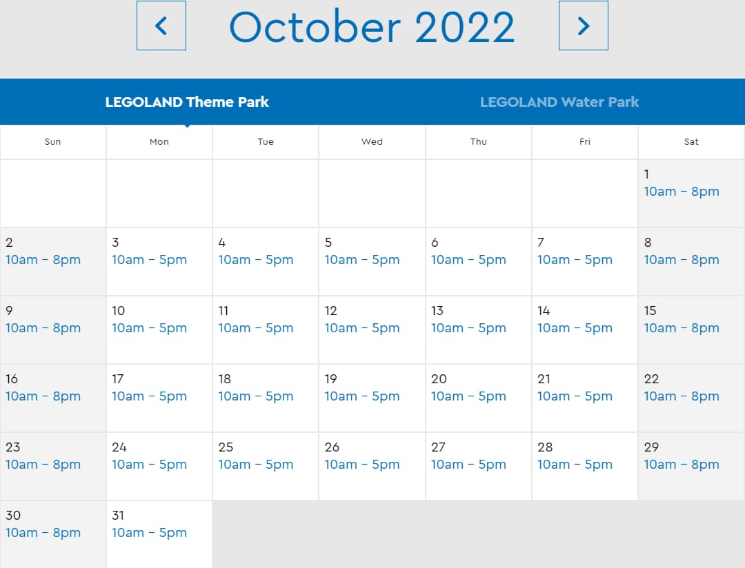 LEGOLAND Florida Theme Park October 2022 Hours