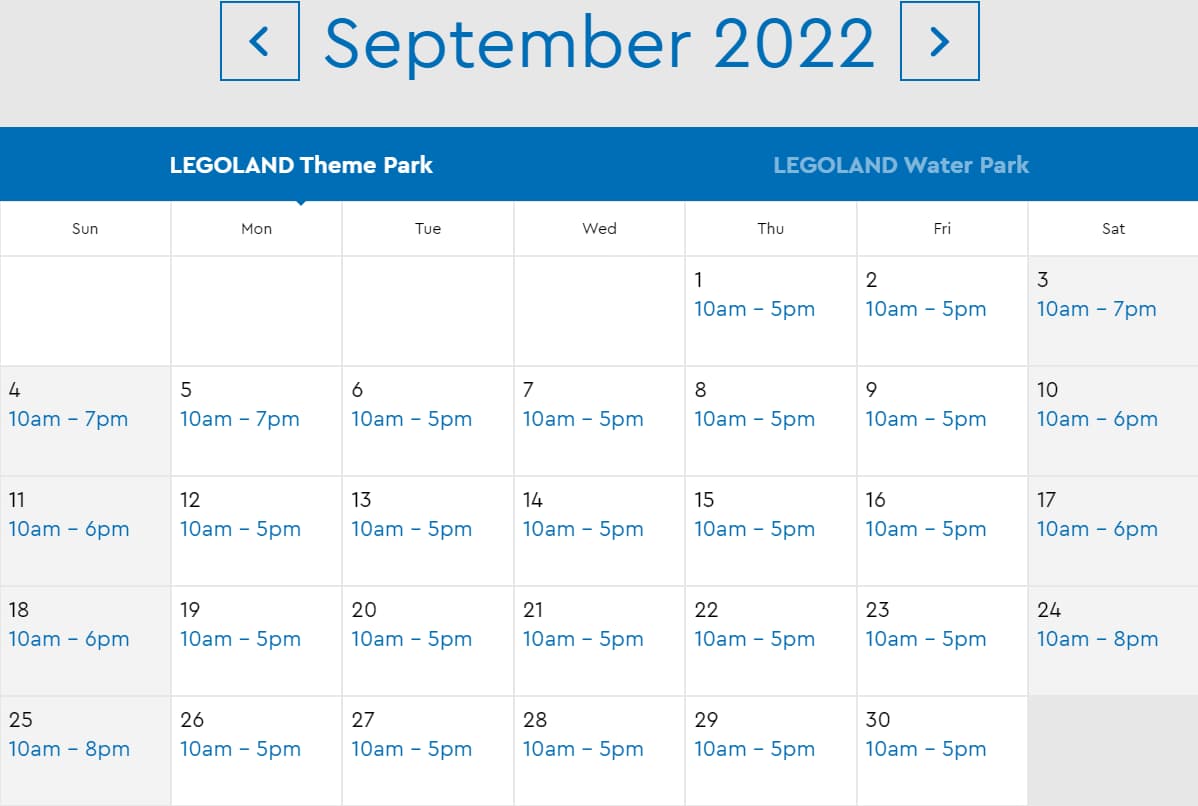 LEGOLAND Florida Theme Park September 2022 Hours