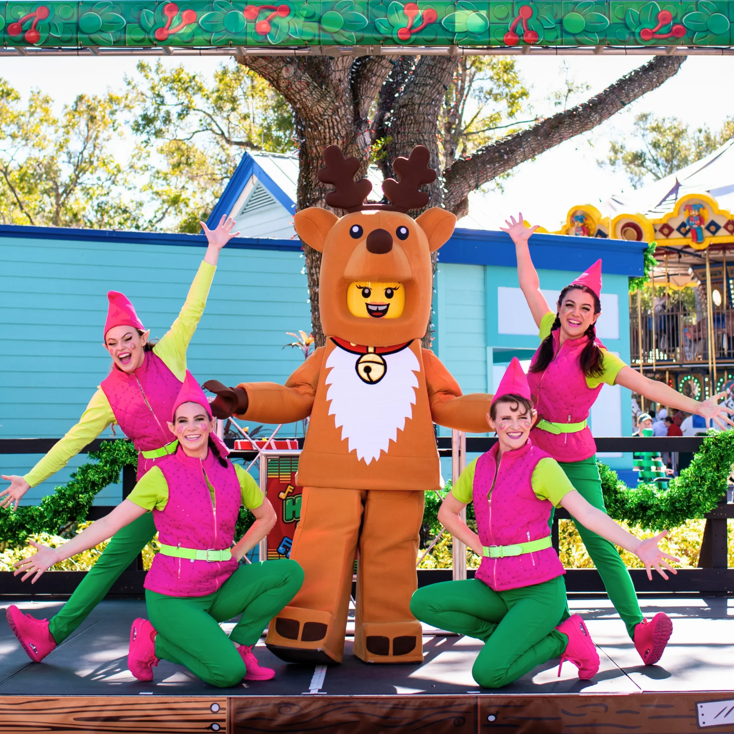LEGOLAND Florida Christmas Bricktacular 2026: LEGO Santa Takes to the Sky 13 LEGO Reindeer Girl and elf performers at the Holly Hype Dance Party