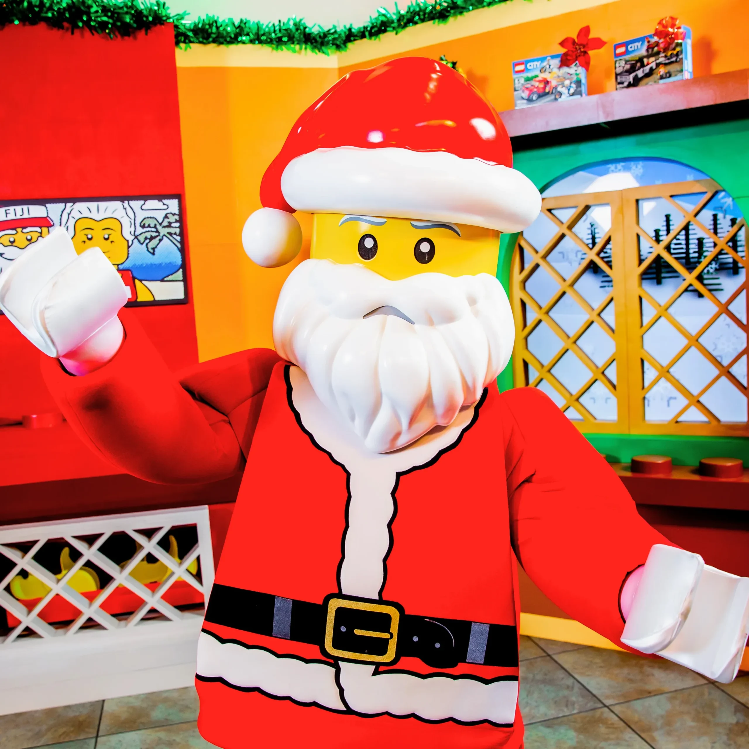 LEGOLAND Florida Christmas Bricktacular 2026: LEGO Santa Takes to the Sky 4 LEGO Santa character waving during Christmas Bricktacular at LEGOLAND Florida