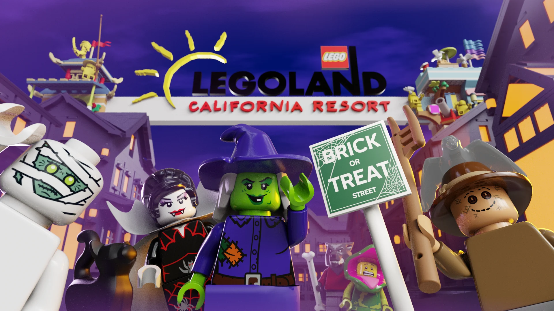New for 2026: Brick or Treat Street at LEGOLAND Florida 1 LEGO Monster characters beside a Brick or Treat Street sign