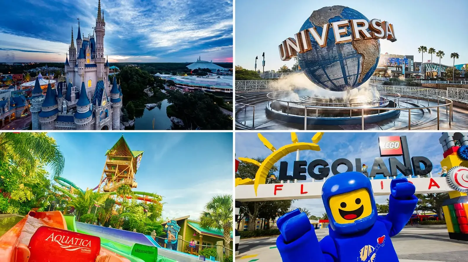 Orlando Theme Park Discount Tickets 2026: Save Up to 40% 1 Collage of Walt Disney World, Universal Orlando, Aquatica, and LEGOLAND Florida