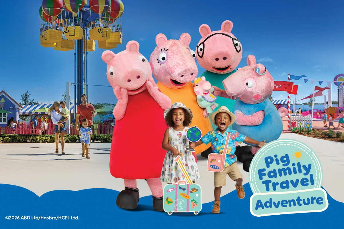 Pig Family Travel Adventure Comes to Peppa Pig Theme Park Florida 1 Peppa Pig characters and family travel adventure artwork at Peppa Pig Theme Park Florida